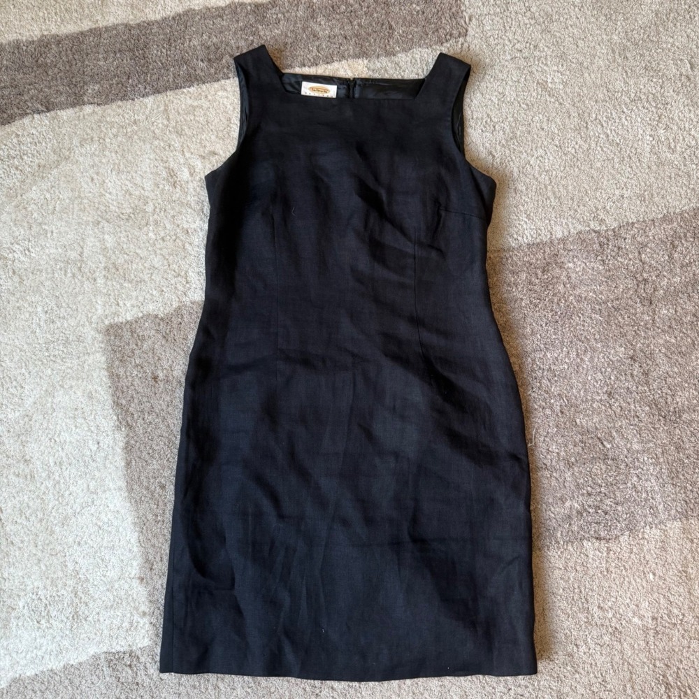 Talbots Petites Black 100% Linen Sheath Dress Square Neck Sleeveless LBD 8P